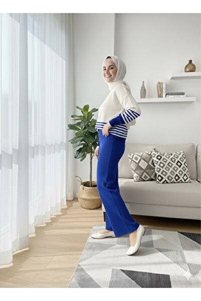 Şule Giyim Two-Color Transitional Knitwear Set Cobalt Blue