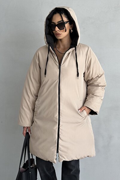 moda armanc Γυναικείο πουπουλένιο παλτό διπλής όψης oversized – με κουκούλα Regular Fit, Μαύρο/Μπεζ