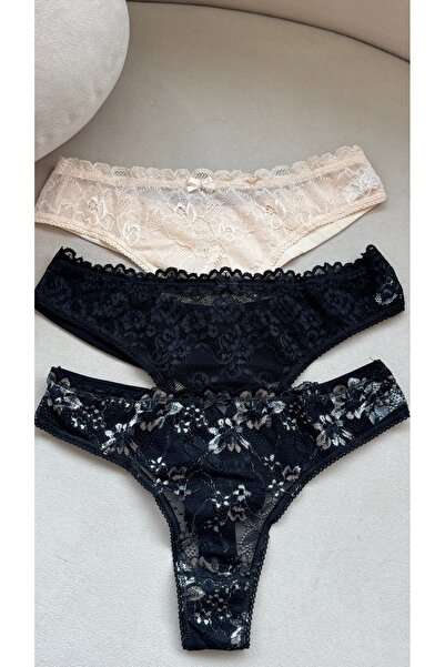 YOYYO Γυναικείο Σετ 3 Εσώρουχα Σλιπ Τανγκά Εσώρουχα Πλυντήριο Βαμβακερό Ειδικό Βαμβακερό Μαύρο - Μπεζ Σλιπ