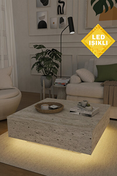 Estoria Home Led Işıklı Kullanışlı Uçan Kare Salon Orta Sehpa Yeni Nesil Modern Küp Sehpa Traverten Mermer Desen