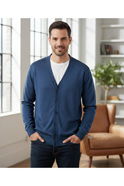 Trikolay Erkek Büyük Beden mavi Hırka V Yaka Düğmeli Cepli Kışlık Triko