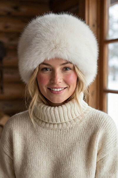 Kapin Bej Kürk Peluş kalpak Şapka | Suni Kürklü Kışlık Kadın Slavic Şapkası