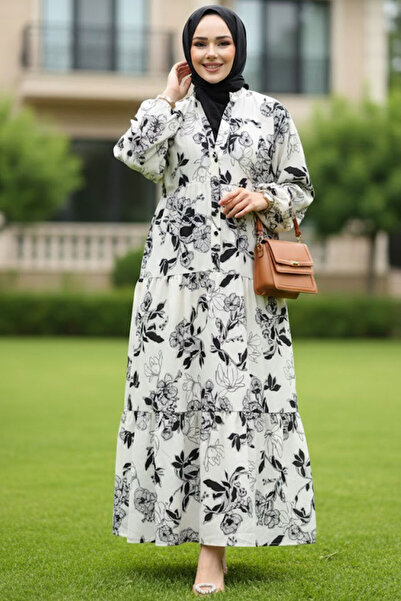 N.S NEVA STYLE Floral Patterned Ecru Viscose Hijab Dress 23589E
