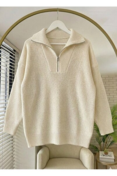 QETEENN Turn-Down Collar Zippered Oversized Black Knitwear Sweater