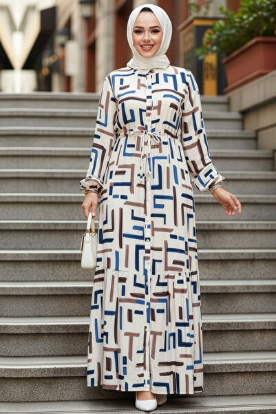 N.S NEVA STYLE فستان حجاب منقوش باللون الأزرق النيلي 50253IM