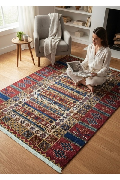 Cicim Halı Dokuma Tabanlı Etnik Desenli Yıkanabilir Baskılı Kilim Salon Mutfa...