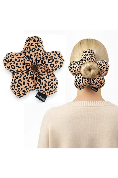 woodycord Marka El Yapımı Leopar Çiçek Pofuduk Scrunchie Toka