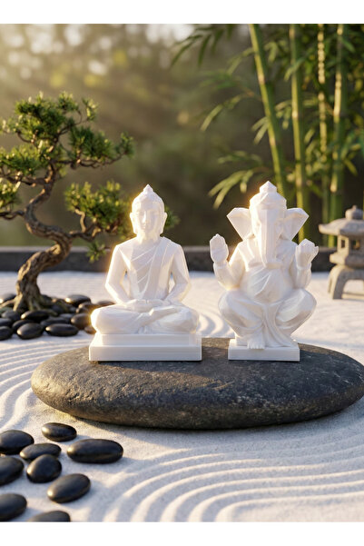 uAmor Modern Dekoratif 2'li Biblo Seti: Meditasyon Yapan Buda ve Ganesha - Be...