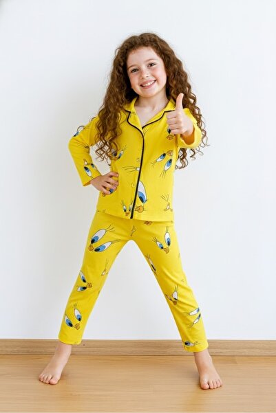 FURYATEX Kız Çocuk Civciv Desenli Pijama Takımı - Uyku Bandı Hediyeli