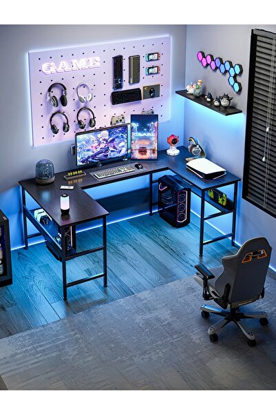 Venpara مكتب كمبيوتر على شكل حرف U مع رف تخزين، طاولة ألعاب مكتبية كبيرة مع هيكل على شكل حرف H