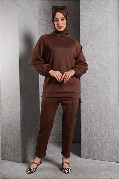 TRENDTESETTÜR KADIN KAHVE PANTOLONLU SCUBA TAKIM T 5316