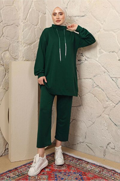 TRENDTESETTÜR KADIN YEŞİL (ZÜMRÜT) BAĞCIK DETAYLI PANTOLONLU EŞOFMAN TAKIM T ...