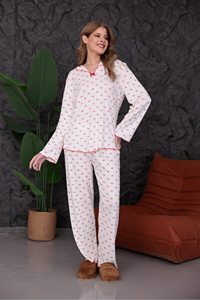 Arvin Pijama Women's Red Ribbon Patterned Soft Textured Bow Detailed Cotton Long Sleeve Comfortable Pajama Set