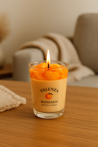 VALENZA STORE El Yapımı Jel mum-Meyve Görünümlü Dekoratif Cam Mum - Mandalinalı