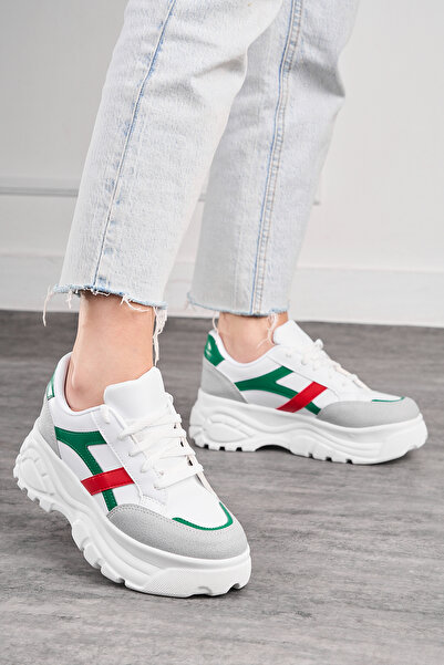 Nstil Stone Green Red Women's Sneakers - Thick Sole, Lace-Up, Tiger Stripe Co...