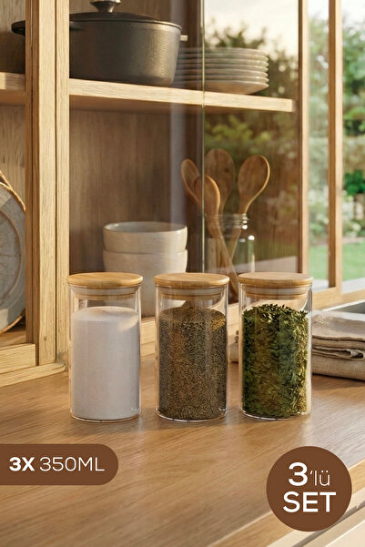 Vienev Set of 3 Glass Jars with Bamboo Lids 350 ml - Food Organizer Storage Container (6.5X12 cm)