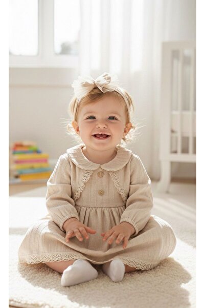MİNİBORN Girls Long Sleeve Cotton Linen Natural Collar Duvet Detail Dress Set