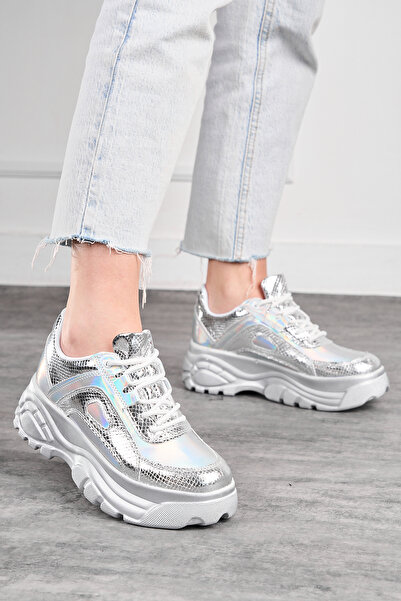 Allyup Stříbrné hologramové vysoké pohodlné dámské tenisky - šněrovací 001