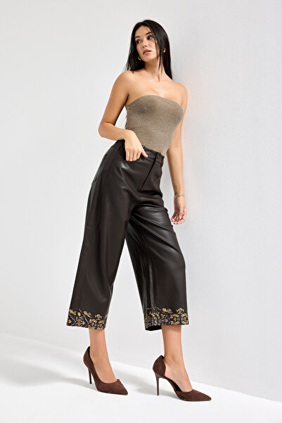 it's basic Women's Bitter Brown Leg Opening Embroidery Detailed Special Design Faux Leather Trousers