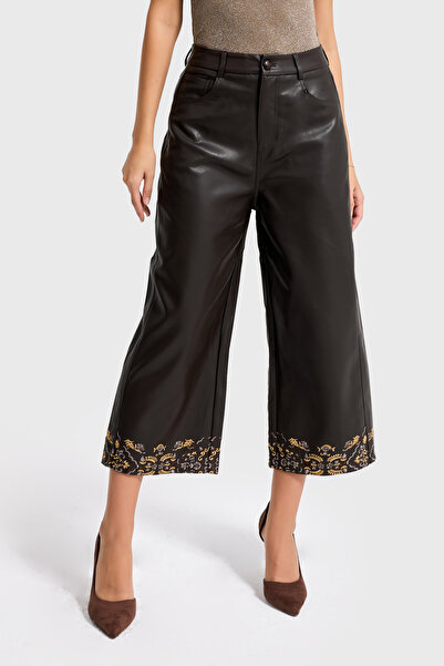 it's basic Women's Bitter Brown Leg Opening Embroidery Detailed Special Design Faux Leather Trousers