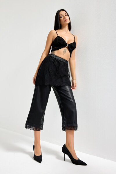 it's basic Women's Black Color Lace Skirt Detailed Special Design Faux Leather Pants