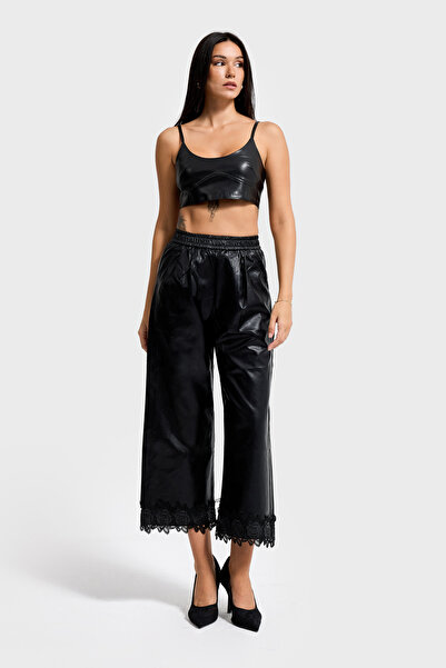 it's basic Women's Black Color Leg Opening Lace Detailed Elastic Waist Design Faux Leather Trousers