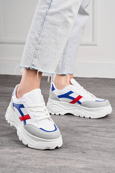 Allyup Stone Saks Blue and Red Women's Sneakers - Thick High Sole and Lace-Up...