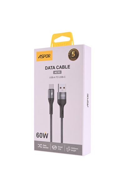 Aspor كيبل شحن يو إس بي تو تايب سي بقوة شحن 5 أمبير طول 1 متر موديل AC-53, أسود