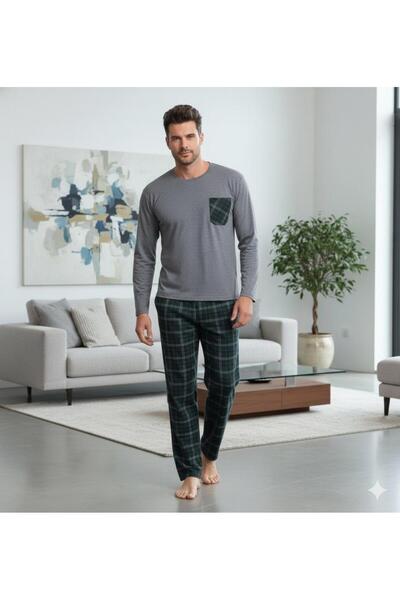 Sude HOMEWEAR Ανδρικό σετ πιτζάμες με χτενισμένο βαμβακερό καρό μακρυμάνικο