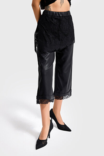 its basic Women's Black Color Lace Skirt Detailed Special Design Faux Leather Pants