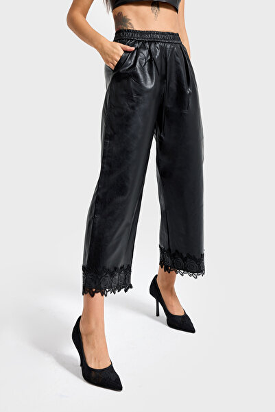 it's basic Women's Black Color Leg Opening Lace Detailed Elastic Waist Design Faux Leather Trousers