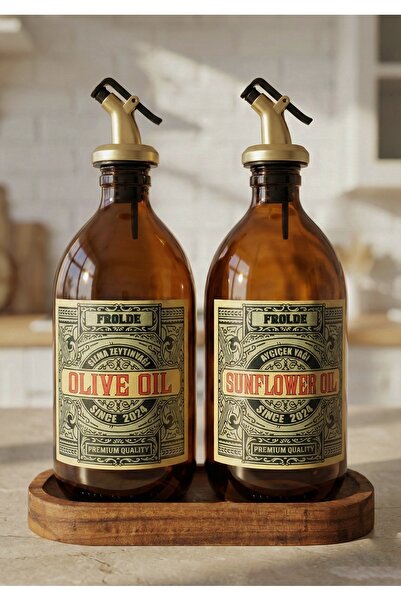Frolde Ahşap Stantlı 2'li Amber Gold Tıpalı 500 Ml Cam Ayçiçek Yağı Zeytinyağı Şişesi Yağdanlık