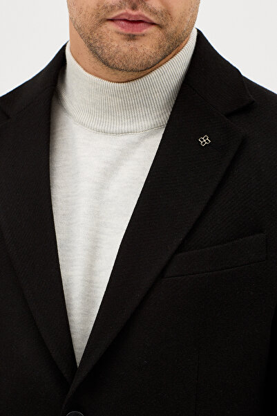 Frappoli Lanz Men's Black Cashmere Fabric Half-Lined Mono Collar Sports Blazer Jacket with Pocket