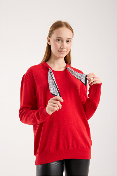 Moda Days Women's Red Round Neck Knitwear Sweater Comfortable Fit Long Sleeve