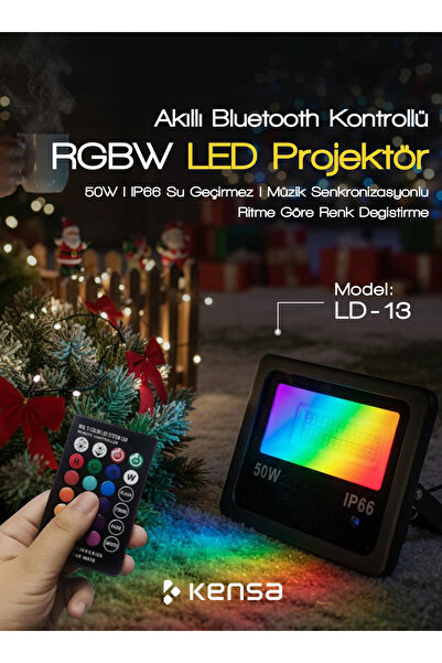 Kensa Akıllı RGBW Led Projektör 50W IP66 – Bluetooth + Kumandalı, 8 Sahne Mod...