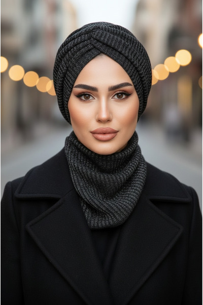 Aişe tesettür Black Silver Winter Twist Hat and Etol Set