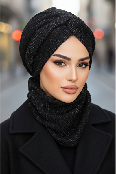 Aişe tesettür Black Sparkle Winter Twist Hat and Etol Set