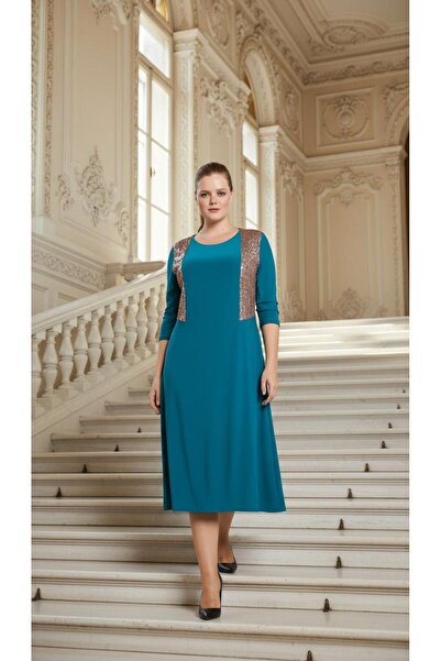 Nidya Moda Kadın Turkuaz Kupları Pullu Payet Abiye Elbise 4060T