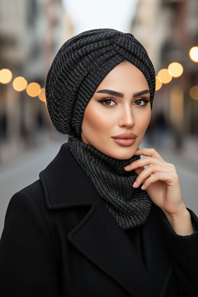 Aişe tesettür Black Silver Winter Twist Hat and Etol Set
