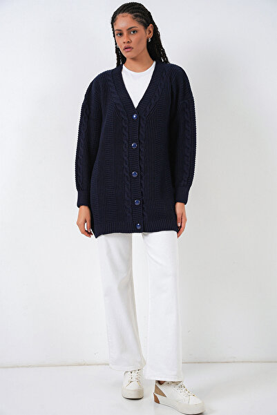 Bigdart 15768 Темно-синій светр з орнаментом на ґудзиках на ґудзиках Тесеттурний светр-кардиган