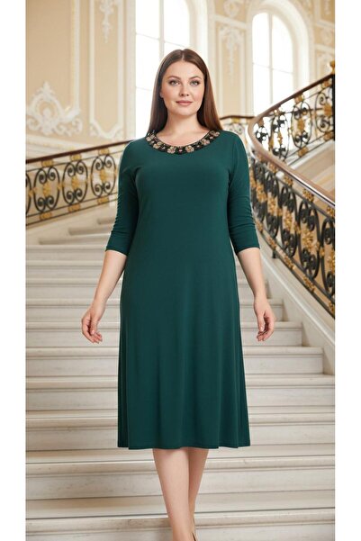 Nidya Moda Kadın Yeşil Bahar Yaka Abiye Elbise 4076Y