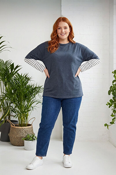 Stil Diva Large Size Crew Neck Double Layer Sleeves Striped T-shirt302777