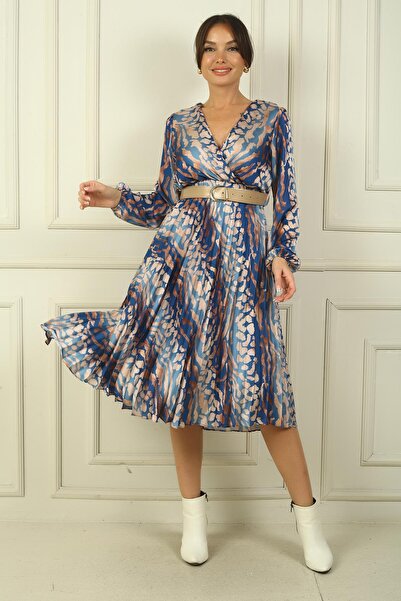 By Saygı Rochie de damă, cu rever dublu, cu centură, căptușită, plisată, cu imprimeu abstract, din satin