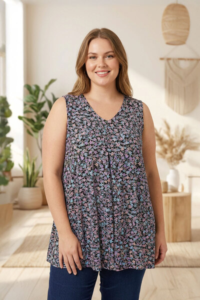 Stil Diva Plus Size Zero Sleeve V-Neck Floral Print Skirt Flared Blouse 303420