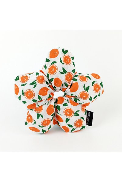 woodycord Handmade Orange Patterned White Flower Scrunchie Bun Hair Tie
