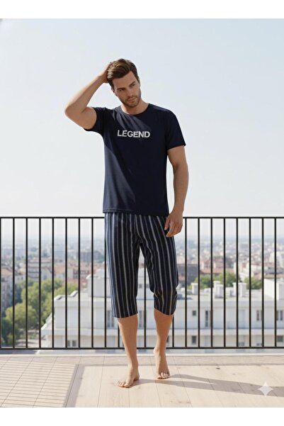 Sude HOMEWEAR Ανδρικό Σετ Πιτζάμες Κοντό μανίκι-κάπρι σε μπλε ναυτικό χρώμα μ...