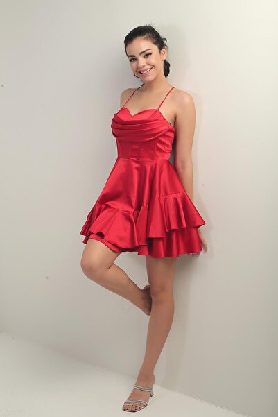 By Saygı Women's String Strap Back Tie Underwire Skirt Layered Lined Satin Short Dress