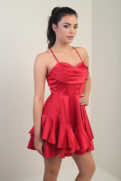 By Saygı Women's String Strap Back Tie Underwire Skirt Layered Lined Satin Short Dress