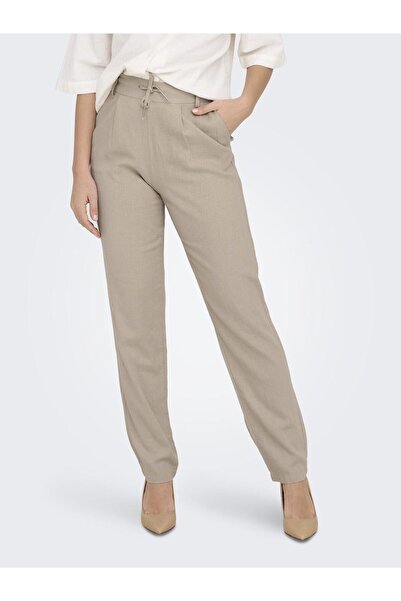 ONLY Women's Onlcaro Elastic Waist Linen Trousers 15278710 Beige