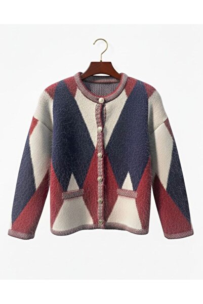 FLEX FASHION Women's Popular Oversized Pocketless Furry Argyle Pattern Trendy Cardigan (Burgundy)